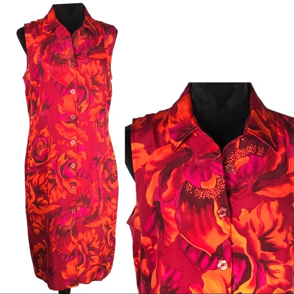 Grace Silk Floral Shift Dress Button Front Tropical Print Lined Midi Shirt Dress